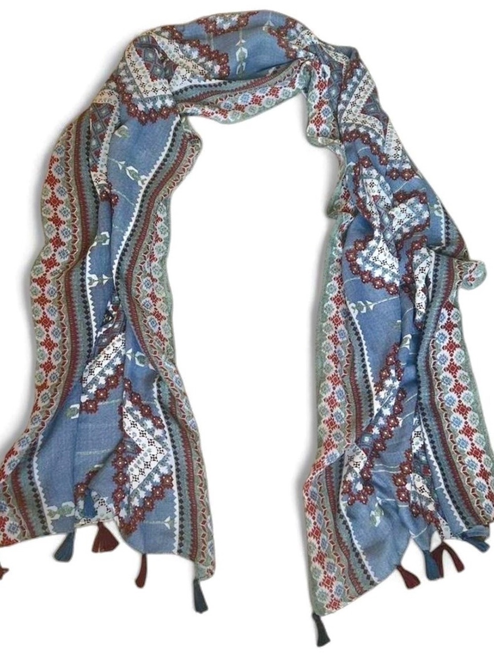 Women’s Light Blue Patterned Tassel Scarf